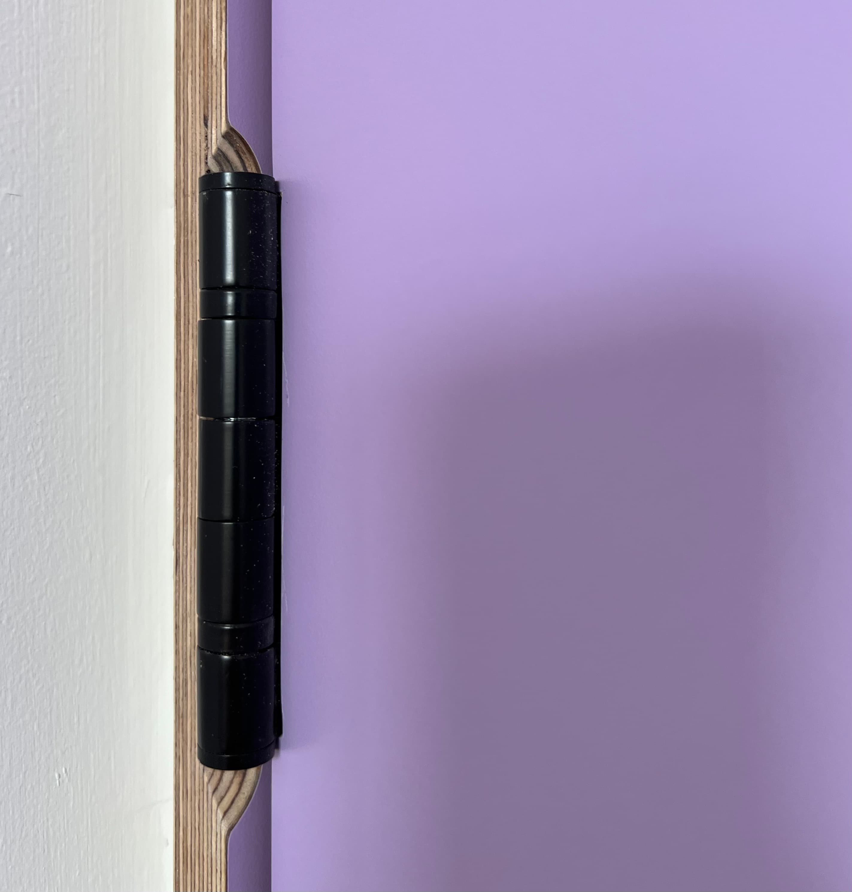 Purple door hinge and exposed edge detail
